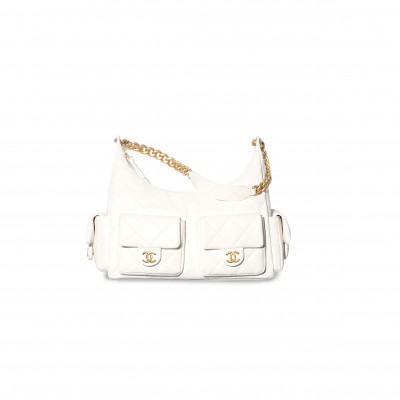 CHANEL MAXI HOBO BAG SHINY LAMBSKIN & GOLD-TONE METAL WHITE AS5302 (35*27*18cm)
